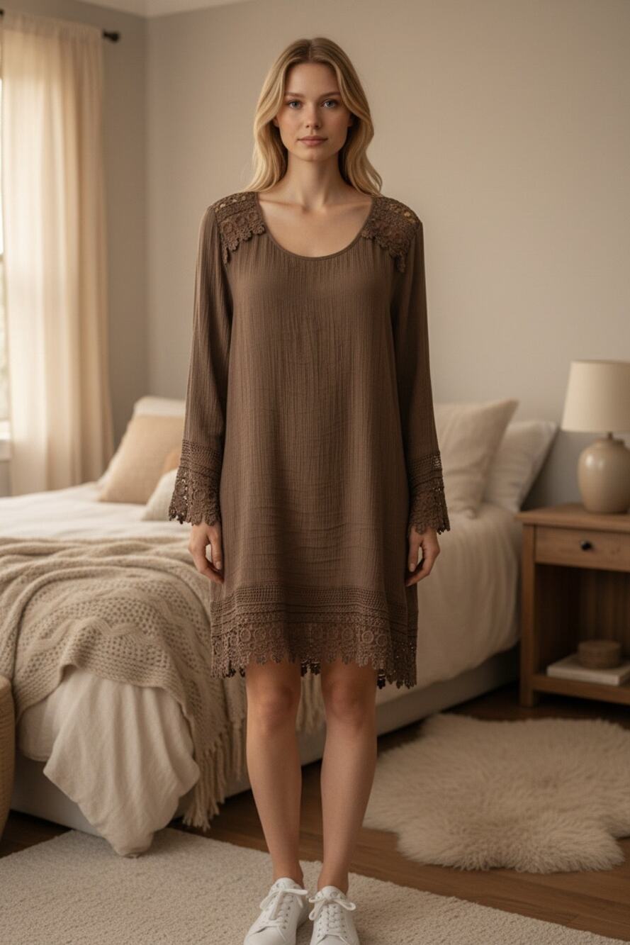 Fashion Express Taupe Lace Accent Sheath Mini Dress | Women's Size M
